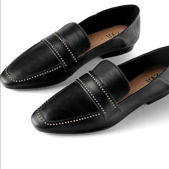 Zara Black Soft Leather Studded Loafer Sz 7.5 - Picture 3 of 15